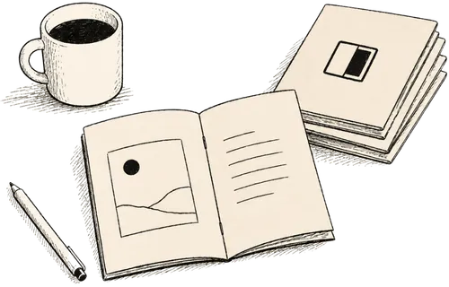 A reader's desk — an open notebook, a stack of zines, a coffee mug, and a pen